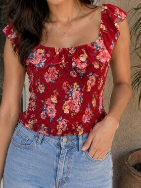 **Arizona Jean Co. Red Floral Smocked Ruffle Top – Tagged XL, Fits Smaller**